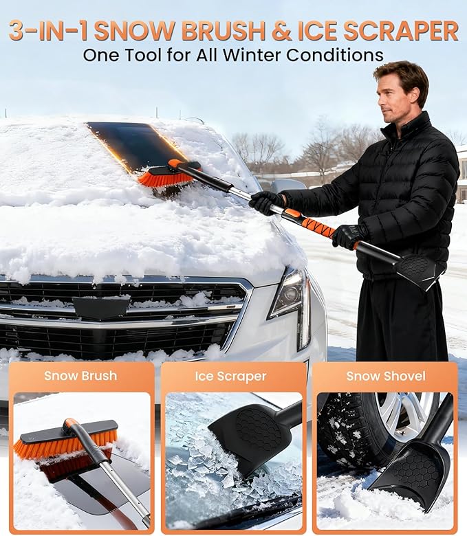 Zanch 2025 Upgrade Extendable 3-in-1 Car Snow Brush and Ice Scraper [45" Extendable Handle] with 360° Rotating Brush Head for Car Windshield Clear Snow, Ice and Frost, for All Cars/Truck/SUV
