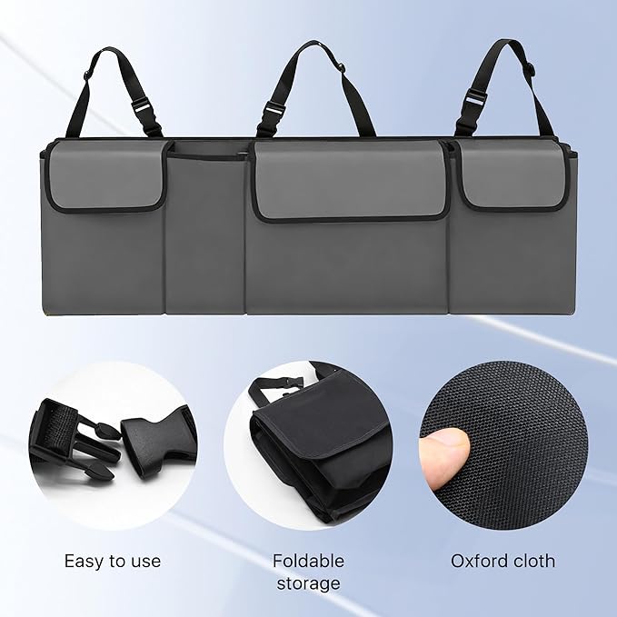 Car Trunk Organizer, Waterproof Backseat Hanging Large Storage with Adjustable Straps, Collapsible Cargo Bag with 4 Pockets,