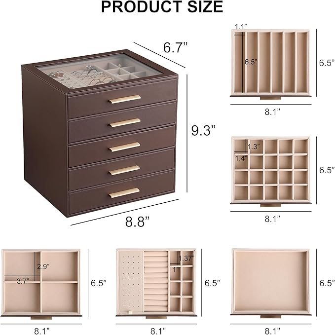 Frebeauty Clear Lid Jewelry Box,5-Layer Jewelry Organizer with Drawer,PU Leather Jewelry Organizers and Storage,Jewelry Boxes