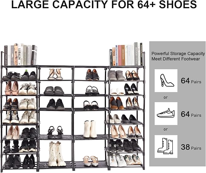 Mavivegue Extra Large Shoe Rack, 8 Tier 4 Rows 72-76 Pairs Big Tall Metal Shoe Shelf,Big Boot Rack Storage Organizer for Gara