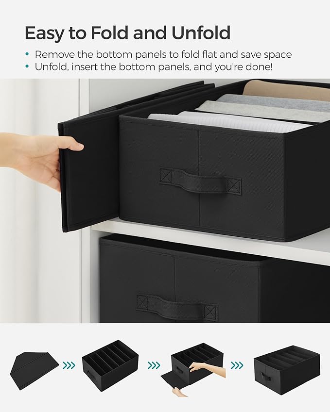 SONGMICS Set of 4 Large Size Wardrobe Clothes Organizers, 6-Compartment Foldable Drawer Organizers with Handles, 16.5 x 11.8 