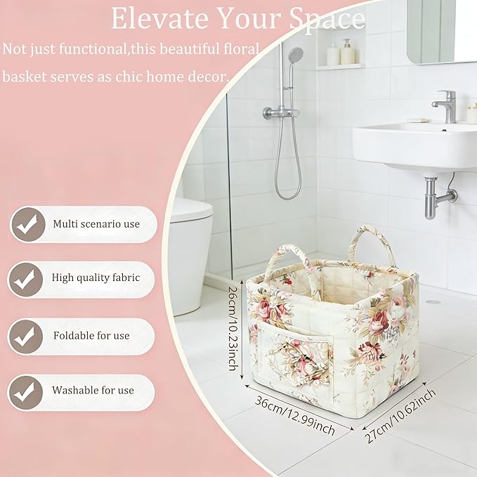 Quilted Laundry Basket with Handles - Multi-Purpose Fabric Storage Basket，Boho Fabric Storage Baskets with Handles for Car, H