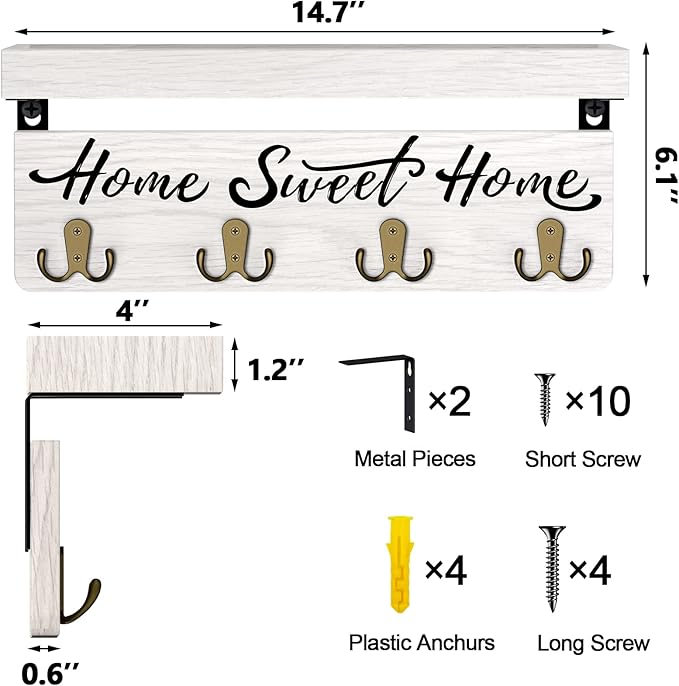 buways Wall-Mounted Key and Mail Holder, Wooden Key Rack with 4 Double Key Hooks, Rustic Home Decor for Entryway(White)