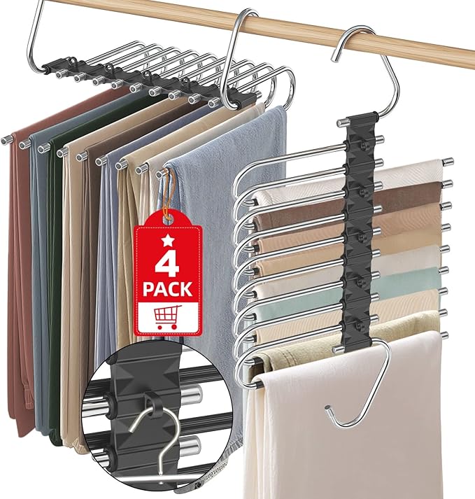 Upgrade 9 Layers Pant Hangers Space Saving, Non Slip Stainless Steel Multifunctional Pants Rack S-Type Clothes Pant Closet Ha