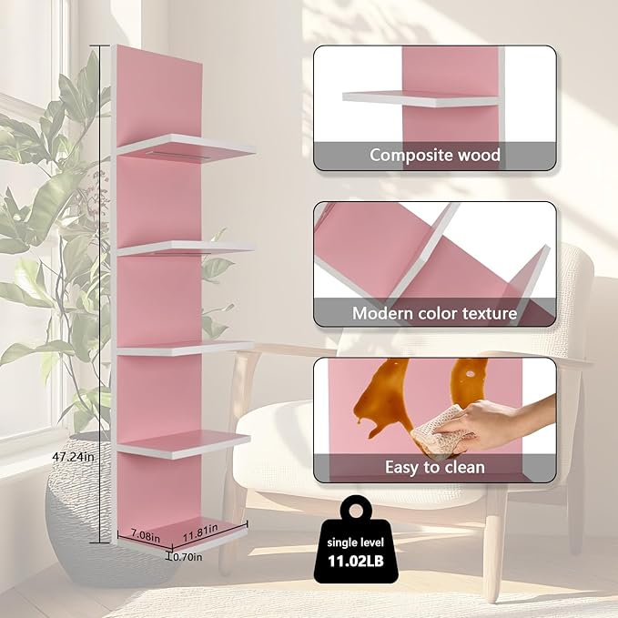 5 Tier Pink Wall Shelf Unit, Pink Shelves, Wall Shelves for Bathroom,Bedroom, Vanity Shelves, Wall Mount Vertical Lack Shelf 