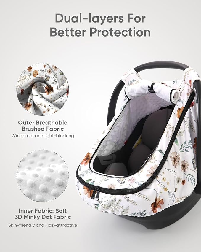 Car Seat Cover Baby Girls, Infant Car Seat Canopy Outdoor, 2 Layers with Mesh and Sun Shade Window for Summer Winter, Easy Ac