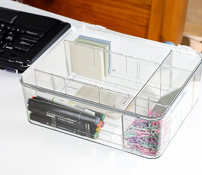 ZEXALOR Plastic Clear Storage Containers, Set of 2, Sock Organizer Divided Boxes with Lids, Underwear Drawer Organizer, Tie D