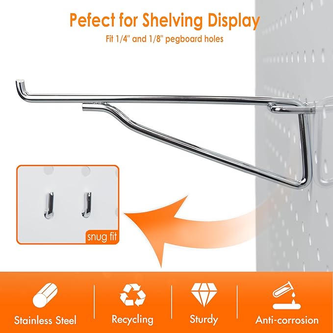 G.CORE Pegboard Shelf Hooks, 10-Pack 6" Silver Peg Board Brackets, 1/4" Peg Board Organizer Accessories, Peg Hooks Assortment