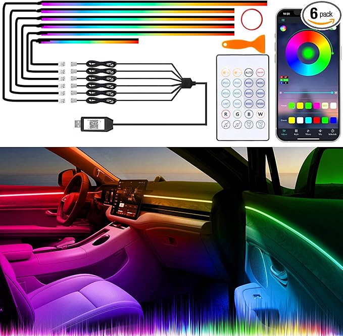 Acrylic Interior Car LED Lights with Wireless APP/Remote/Button Control, 6 in 1 Dreamcolor USB Car Ambient Lighting Kit 16 Million Colors Neon Strip Accessories for Vehicle Inside Decoration