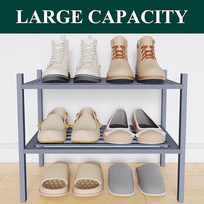 Smiry Small Bamboo Shoe Rack 2-Tier, Stackable Wooden Shoe Organizer for Entryway & Closet, Free Standing Wood Shoe Storage S