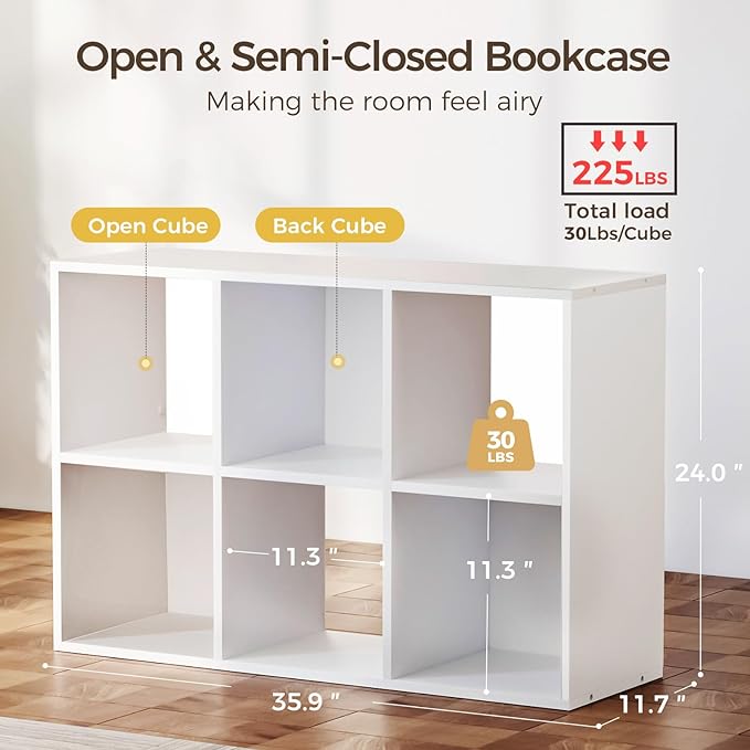 COMHOMA 6 Wood Cube Storage Organizer with Open Back and Removable Back Panels, 11In White Cube Storage Bookshelf, Cubicle Sh