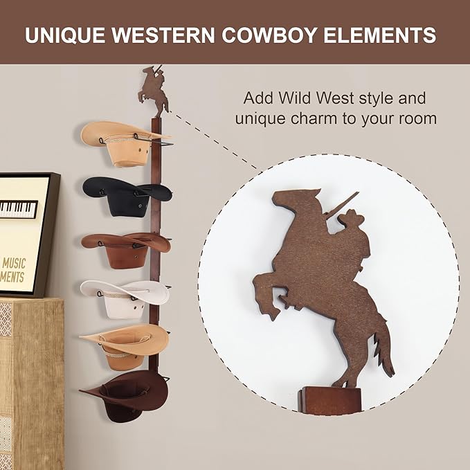 Cowboy Hat Rack Holder for Wall - Wild Western Style Design Hat Organizer with 6 Hat Hooks for Wall Mount, Hat Stand and Hang