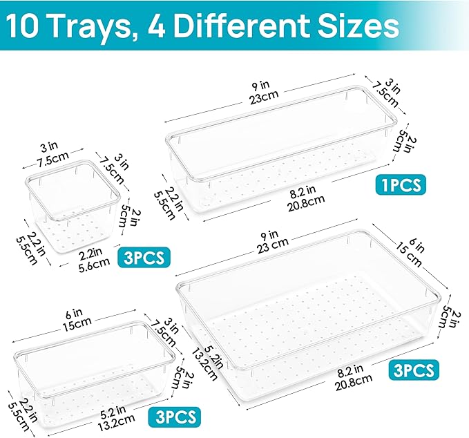 Vtopmart 10 Pcs Makeup Drawer Organizer Bins Set, 4 Size Plastic Makeup and Vanity Organizer Trays, Clear Acrylic Vanity Stor