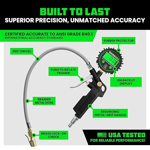 Rhino USA Digital Tire Pressure Gauge with Inflator (250 PSI) Professional Air Chuck & Air Compressor Attachments - High Pressure Tire Gauge with 0.1 Display Resolution - Best Car Accessories (1-Pack)