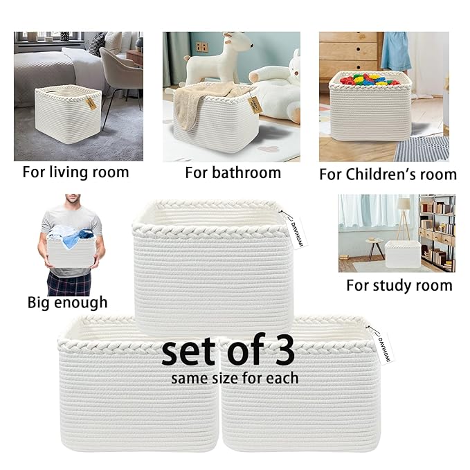 COMFY-HOMI 3Pack Small Woven Cotton Rope Basket for Organizing, Gift Baskets for Handles, Empty Gift Baskets, Medium Rope Bas
