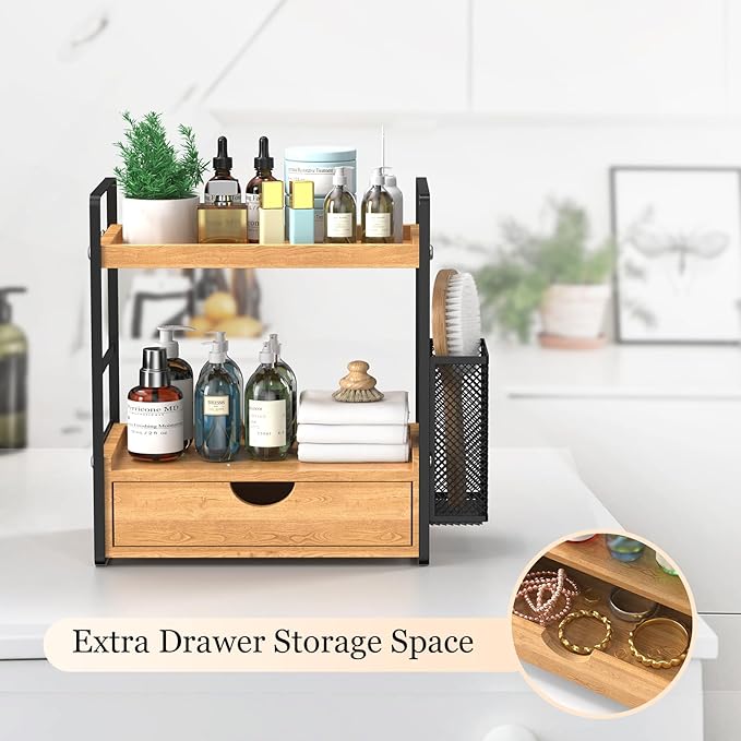 LEMIKKLE Bathroom Counter Organizer with Drawer and Basket,Wood Countertop Organizer for Bathroom Decor Makeup Tray for Perfu