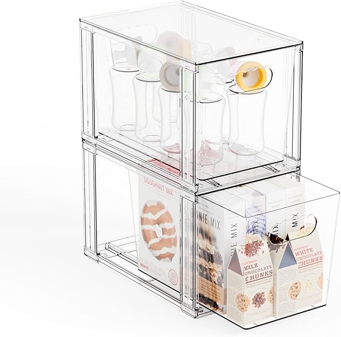 Yieach 2 Pack Large Stackable Storage Drawers,11″Deep Under Cabinet Organizer,Baby Bottle Organizer,Clear Stacking Pull Out D