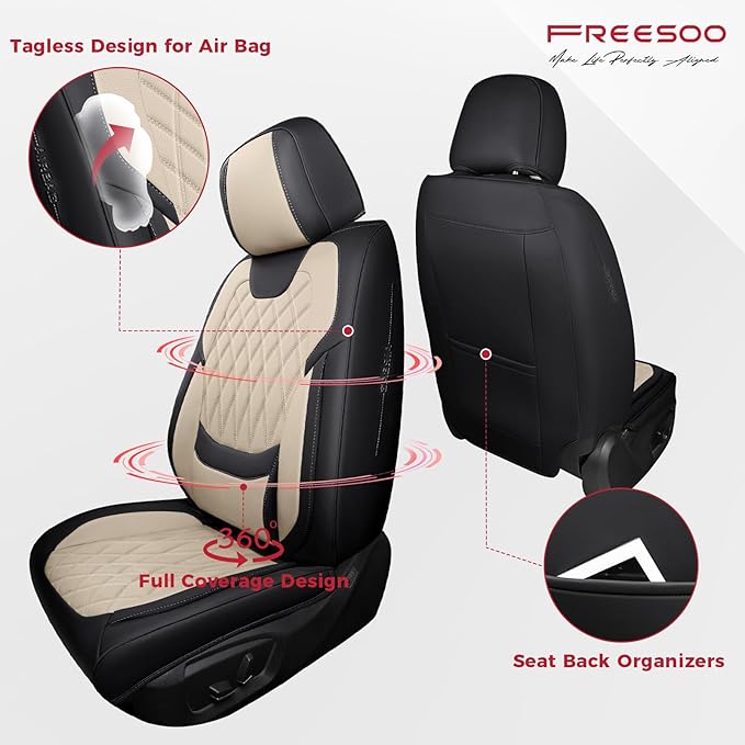 FREESOO Black Beige Car Seat Covers Full Set - Faux Nappa Leather Seat Covers for Cars, Luxury Breathable Waterproof Front Se