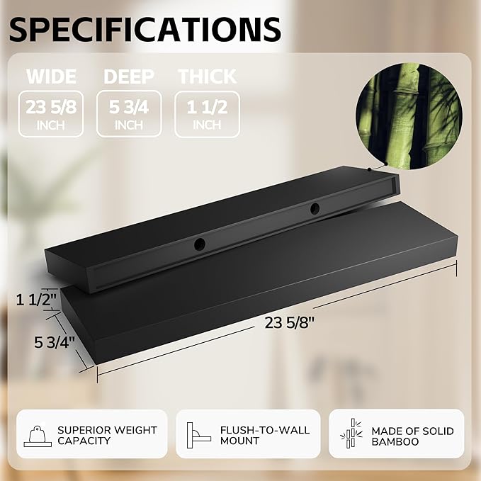 BAMEOS Bamboo Floating Shelves Wall Mounted Wooden Shelves with Invisible Brackets Set of 2, Hanging Wall Decor for Bedroom, 