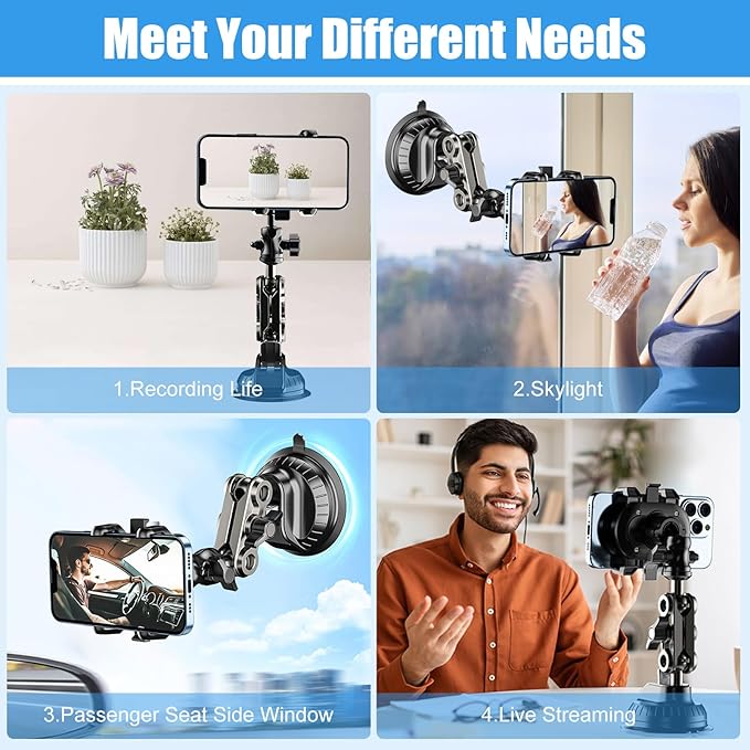 Car Phone Mount Video Recording, Universal 360° Rotating Arm Suction Cup Car Phone Holder Vlog Selfie Live Streaming Heavy Duty Car Phone Mount for Dashboard, Windshield, Sunroof (Black)