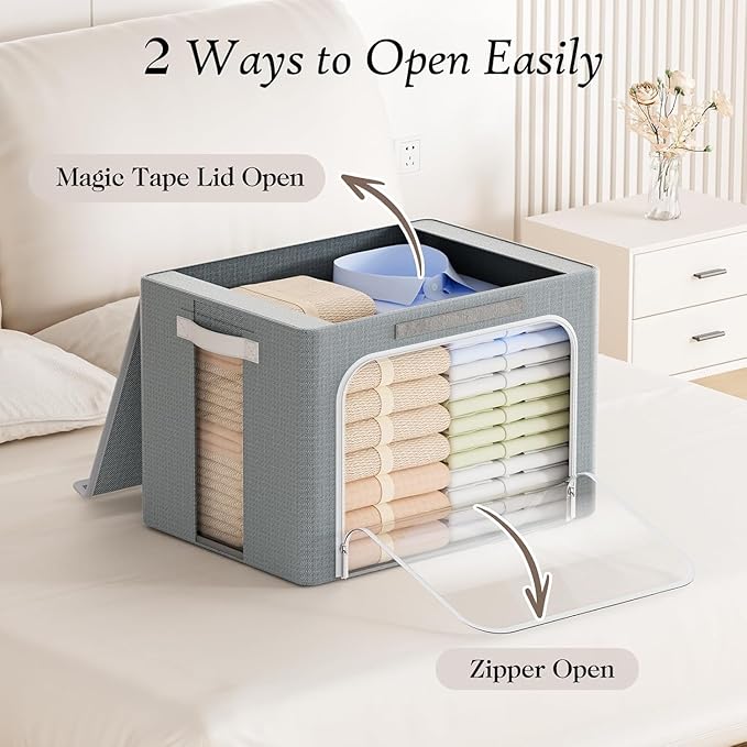 Yecaye Clothes Storage Bins with Metal Frame, Foldable Clothing Storage Bin with Lid, Stackable Oxford Fabric Organizer Box W