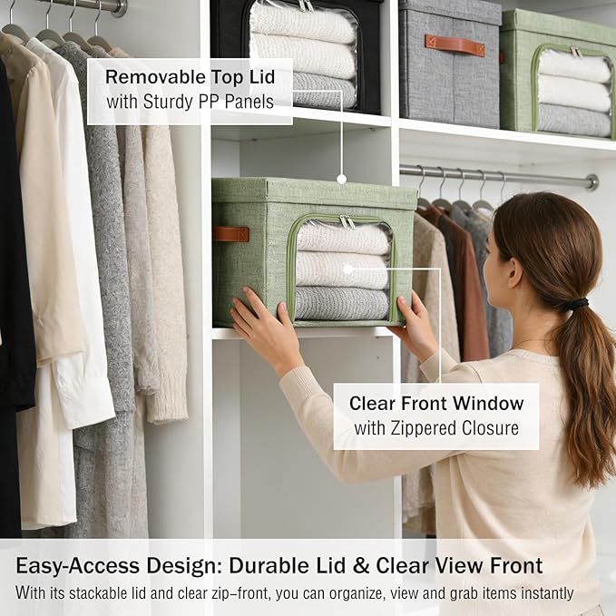 Large Storage Bins Boxes with Lids Clear Window Zipper Closure Decorative Cotton Linen Fabric Baskets with PU Leather Handles