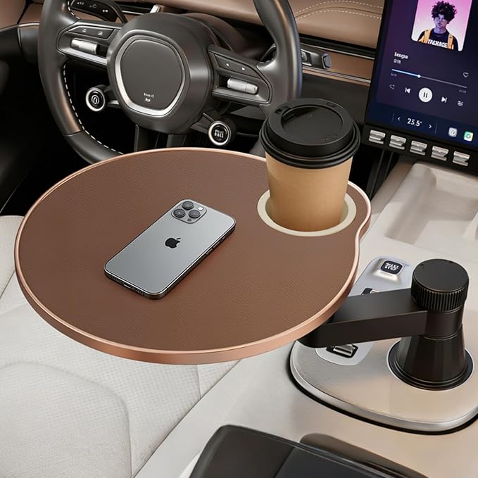 Car Tray Cup Holder Desk, 360° Rotating PU Leather Food Car Table - Steering Wheel Tray Road Trip Essentials Accessories for Tesla Model Y/3/S, Ford F150 Most Vehicles
