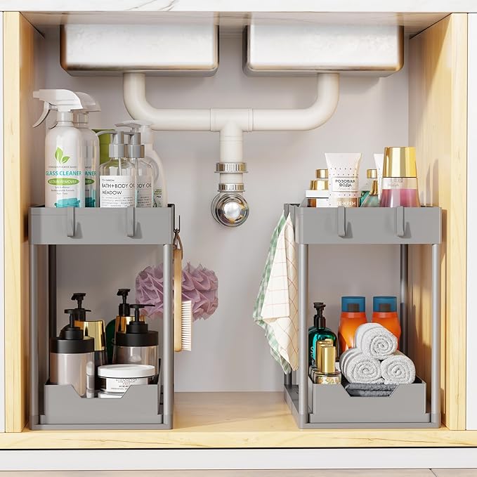 Simple Trending Under Sink Organizer 2 Pack, Sink Pull-Out Sliding Storage Cabinet, 2-Tier Under Shelf Organizer for Kitchen 