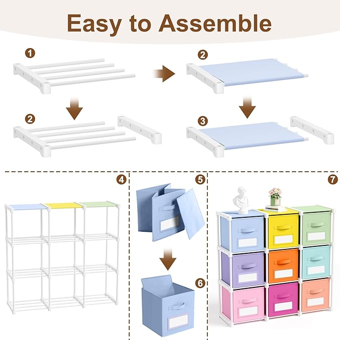 Geelin 9 Cube Toy Storage Organizer with Fabric Bins and Labels, 11 Inch Collapsible Colorful Cubby Storage Drawers Pastel Dr