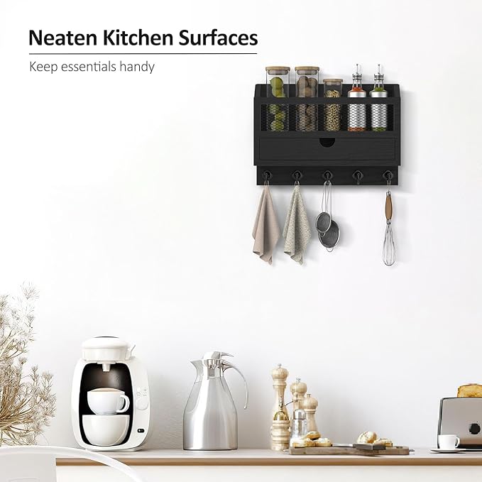 Nekon Key and Mail Holder for Wall, Key Organizer with 5 Hooks & Storage Drawer, 11" W x 7.9" H x 3.1" D Wooden Key Rack for 