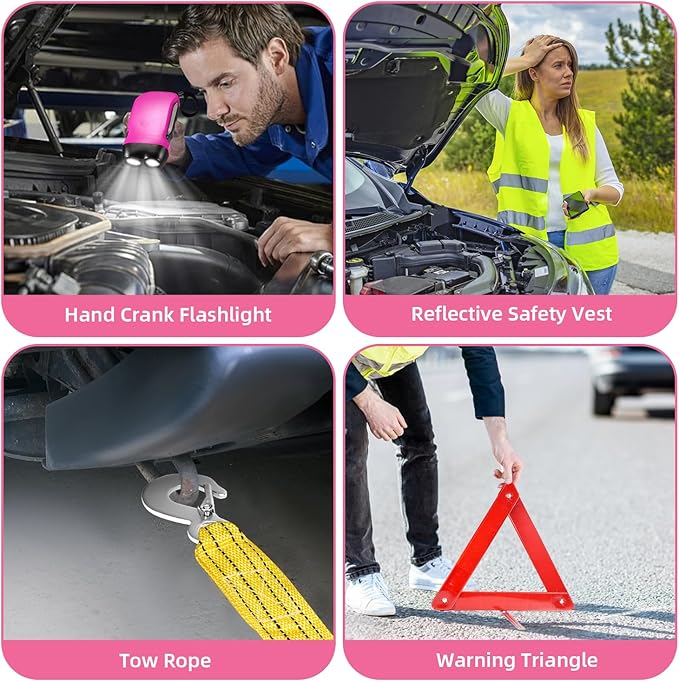 Roadside Emergency Car Kit for Vehicles, Pink Car First Aid Kit Emergency Kit with Jumper Cables, Car Safety Kits, Tow Strap,