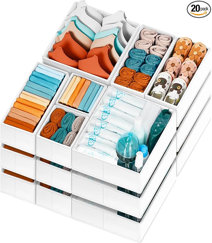 【FAMILY PACK】Drawer Organizer Clothes, 20 Pack Dresser Organizer Bins for Baby Clothes - Underwear Bra Sock Organizer - Fabri