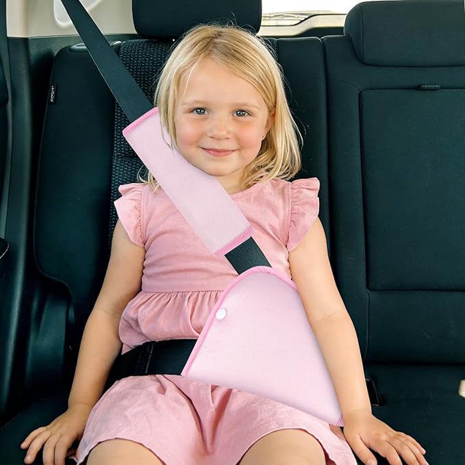 Kids Seat Belt Cover Pads, Universal Seat Belt Adjuster for Kids, HNHUAMING Kid's Shoulder & Belly Protective Padding for Travel, Soft Breathable Car Seat Straps Pads for Children, Pink