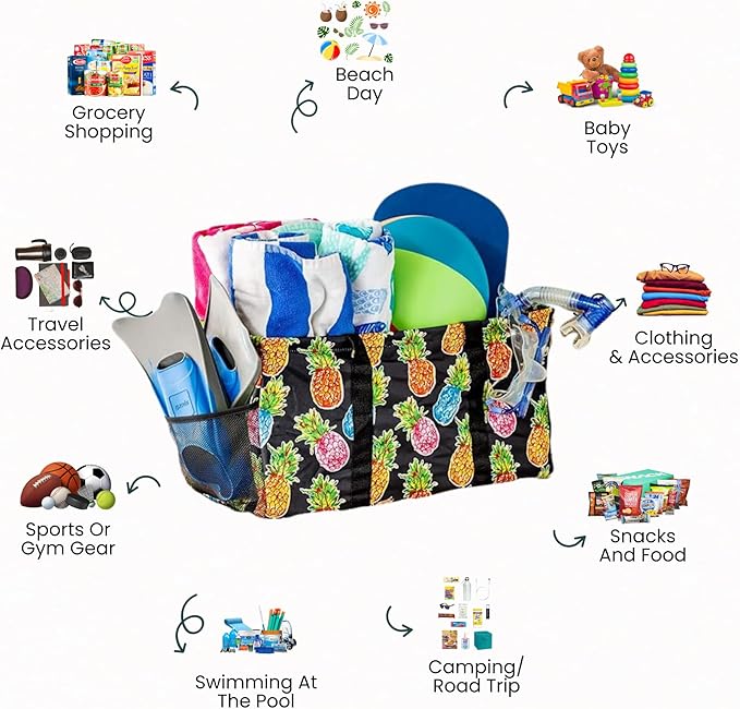 Extra Large Utility Tote Bag - Oversized Collapsible Reusable Wire Frame Rectangular Canvas Basket With Two Exterior Pockets For Beach, Pool, Laundry, Car Trunk, Storage - Pineapple