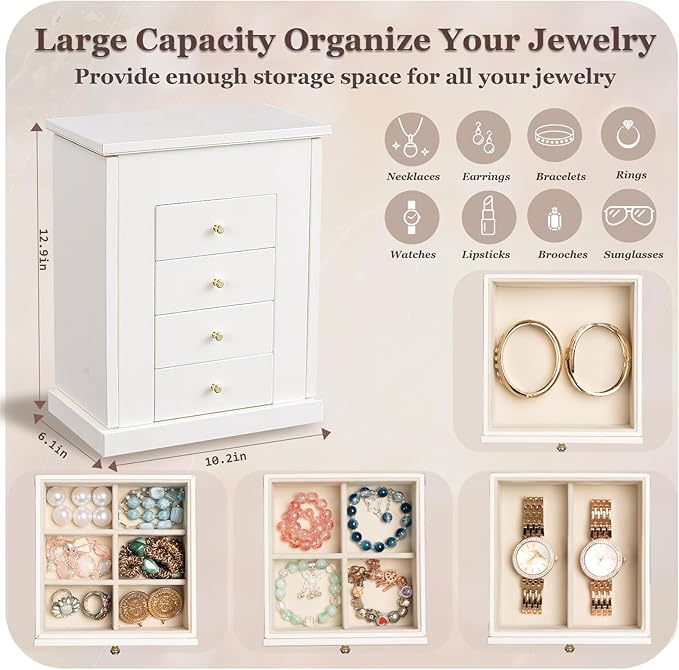 Emfogo Jewelry Boxes for Women, 5-Layer Large Leather Jewelry Organizer Box with Mirror and Drawers, Jewelry Storage for Neck