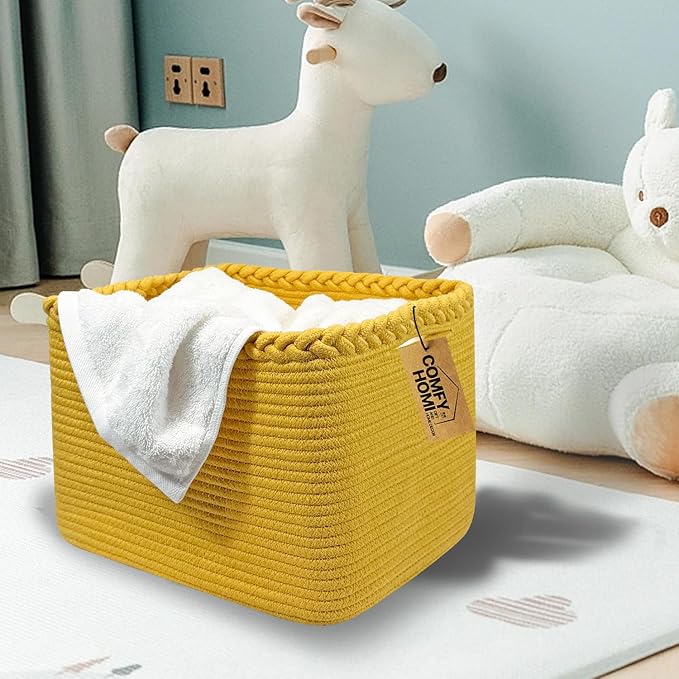 COMFY-HOMI Square Woven Cotton Rope Basket for Organizing, Gift Baskets for Handles, Empty Gift Baskets, Toy Basket for bins|