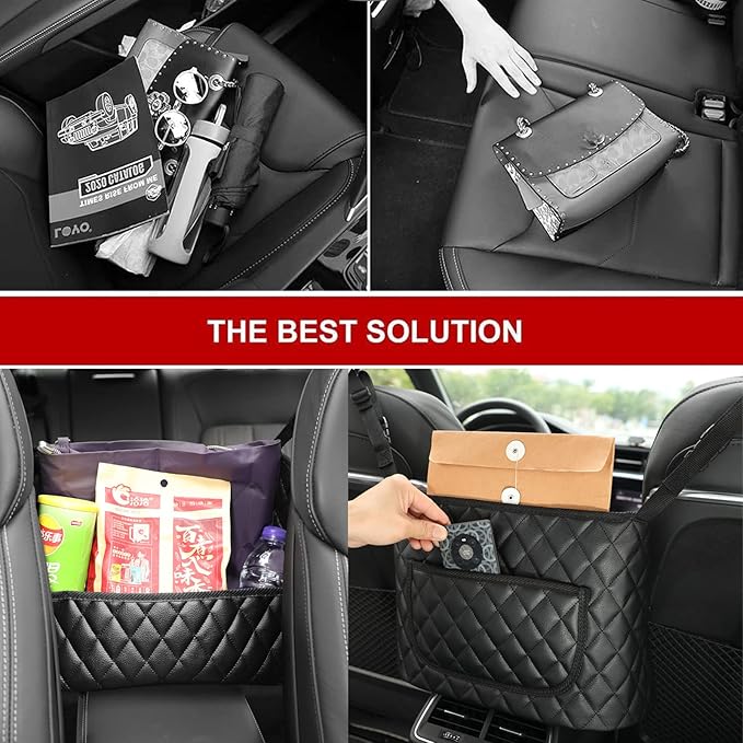 Car Purse Holder - Durable Leather Seat Back Organizer with Handbag Holder, Front Seat Storage Barrier, Backseat Pet & Kids Driver Storage Netting Pouch