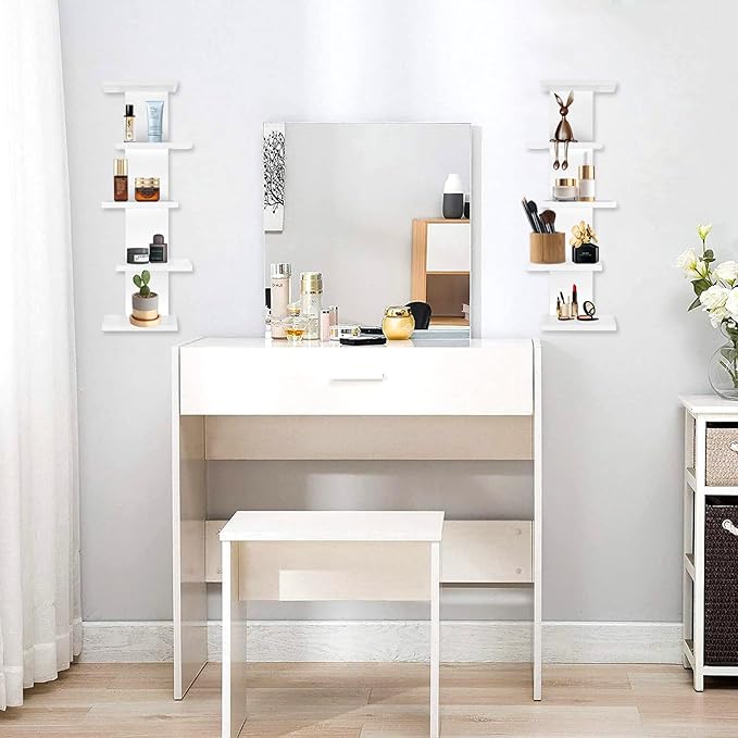 5 Tier Wall Shelf Unit-White Floating Shelves for Home Decor, Modern Unique Asymmetric Design for Bedroom & Living Room Stora