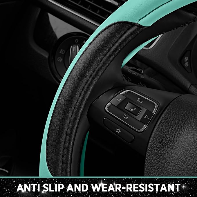 Road Comforts Leather Steering Wheel Cover - Made with PVC Leather - Anti-Slip, Universal Fit 14 1/2 inches to 15 inches - Mi