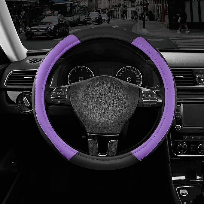 Road Comforts Leather Steering Wheel Cover with Decorative Trim and Piping, Anti-Slip Breathable Design, Fits 14.5–15 Inch Ro