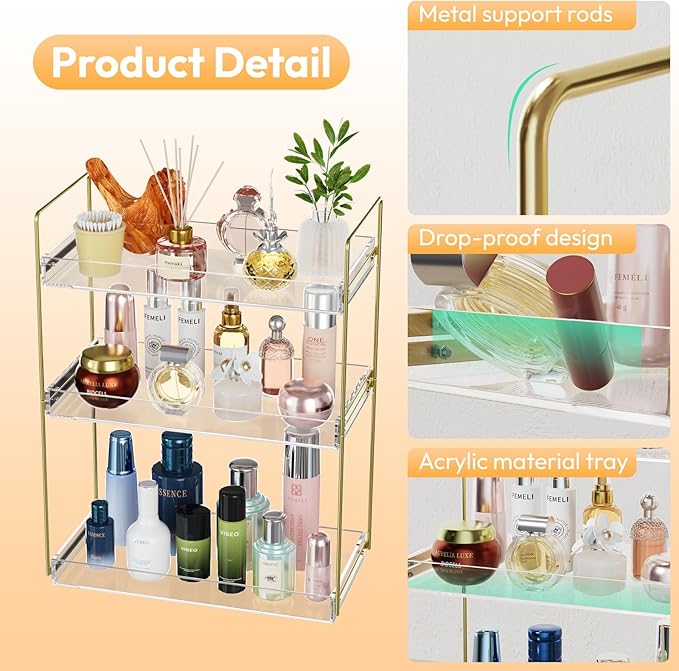 Bathroom Countertop Organizer, 3 Tier Acrylic Tray Vanity Counter Skincare Organizer Shelf, Kitchen Under Sink Standing Rack,