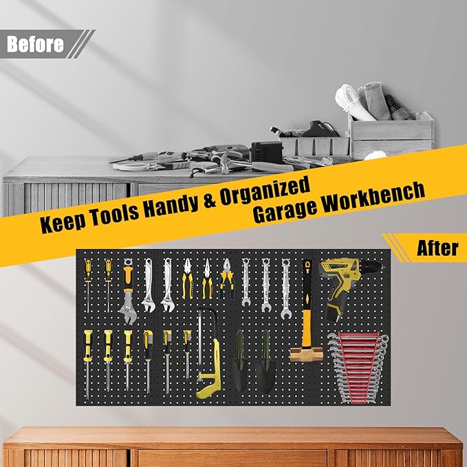 PBHEPJ 6 Pcs Metal Pegboard Panels, Heavy Duty Peg Boards for Garage and Garden Tool Storage, Includes Drywall Anchors and Sc