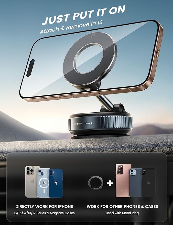 Lamicall Car Phone Holder - [70 LBS Strongest Suction] for Magsafe Car Mount, 360° Adjustable Suction Cup Phone Mount Dashboard Windshield Vacuum Magnetic Phone Holder for Car fit iPhone 17/16Pro Max