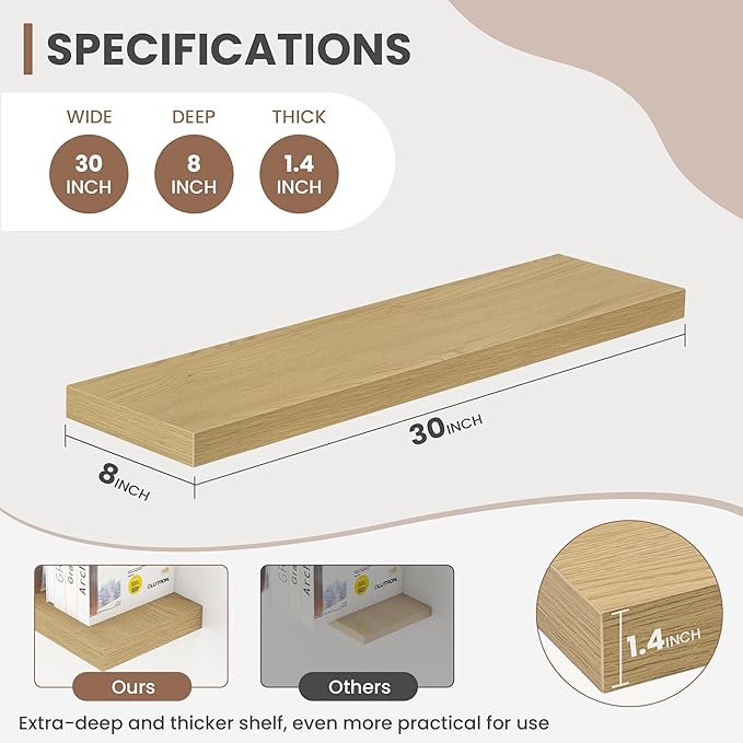 30 Inch Floating Shelves, 8 Inch Deep Floating Shelves for Wall, Hanging Shelf with Invisible Brackets, Deep Shelves for Bath