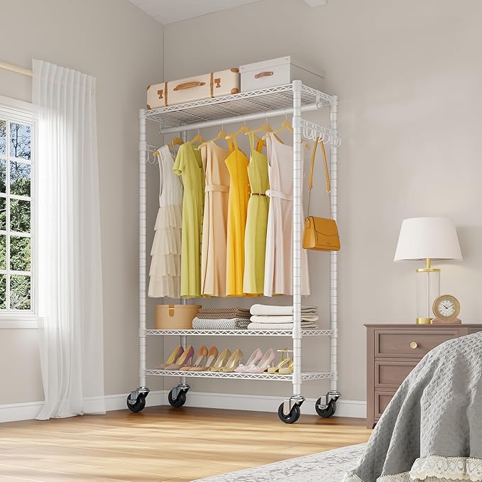 VIPEK R3 Rolling Clothing Rack Heavy Duty Garment Rack for Hanging Clothes, Portable Closet Wardrobe with Wheels and Side Hoo