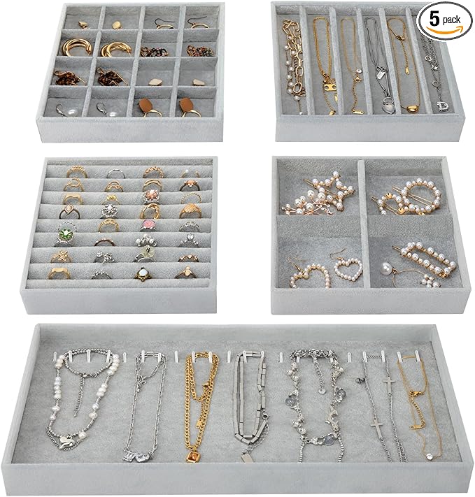 Fixwal Jewelry Organizers and Storage, 14in Stackable Jewelry Drawer Organizer, Set of 5 Jewelry Trays with Removable Divider