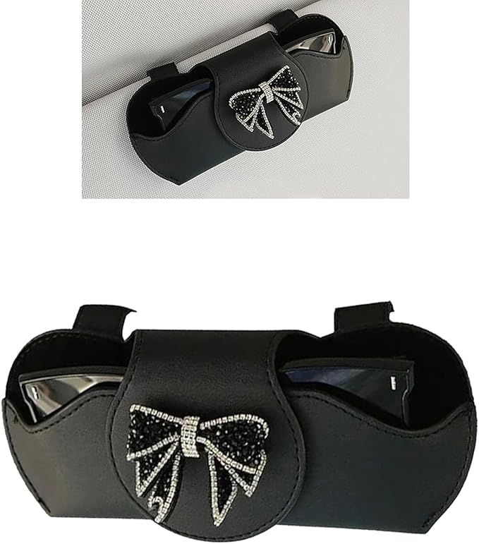 Bling Car Sunglass Holder, Rhinestone Bow Visor Storage Case for Sunglass Receipt Ornament, Soft Lining Anti-scratch Holder Clip, Interior Organizer Accessory for Cars (Black)