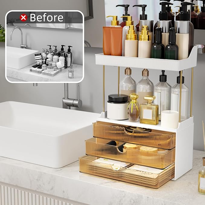 StorBin 3 Large Drawers Makeup Organizer - 5 Tier Bathroom Counter Organizers and Storage, Versatile Perfume Vanity Organizer