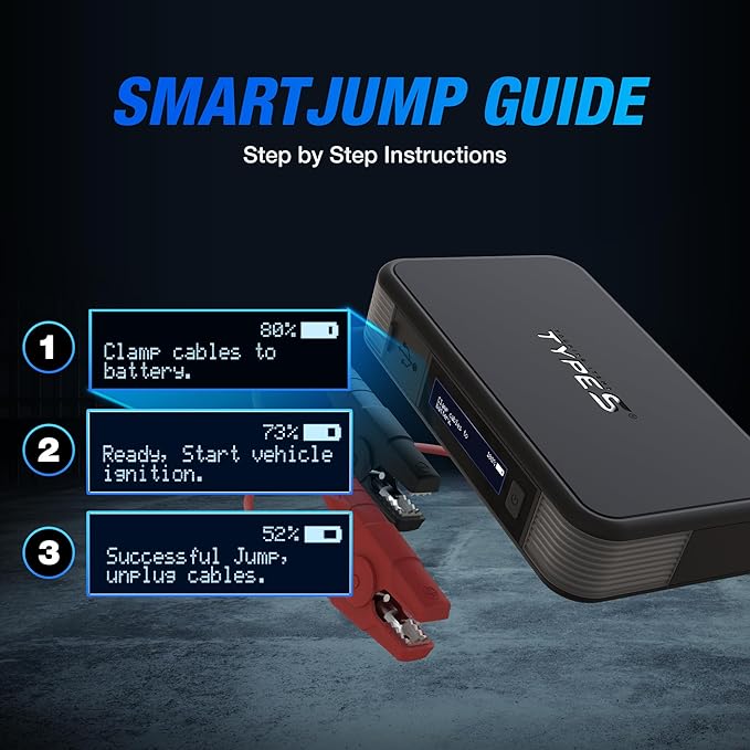 Type S Dynamic Light DL20 1000A Car Battery Jump Starter 12V 6L Gas 3L Diesel LCD Display, Car Jumper Starter Portable Charger, Jump Box, Power Bank, Emergency Hazard Lights, UL Listed - Black