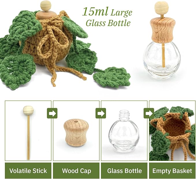 Crochet Car Air Freshener, 15ml Empty Refillable Oil Diffuser Bottle with Hanging Crochet Plant for Car Rearview Mirror Decor